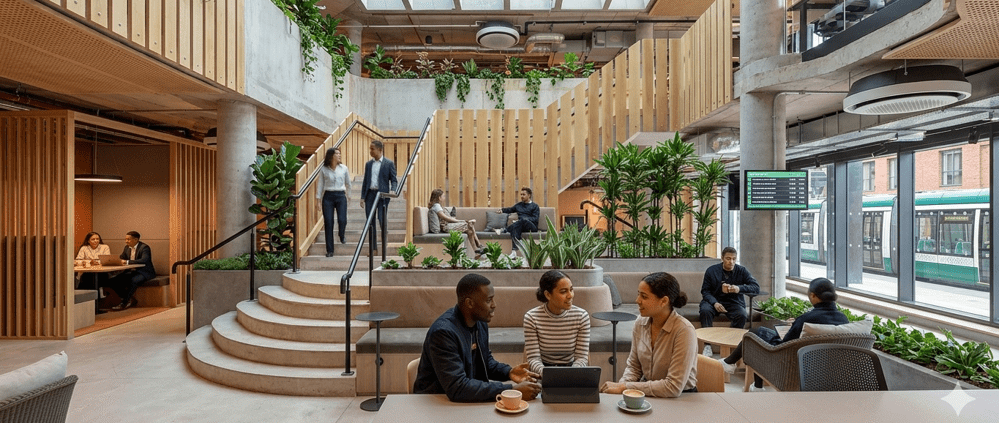 Modern open-plan office and collaborative workspace with natural wood paneling, exposed concrete, indoor plants, and large windows.