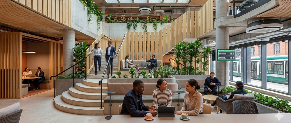 Modern open-plan office and collaborative workspace with natural wood paneling, exposed concrete, indoor plants, and large windows.