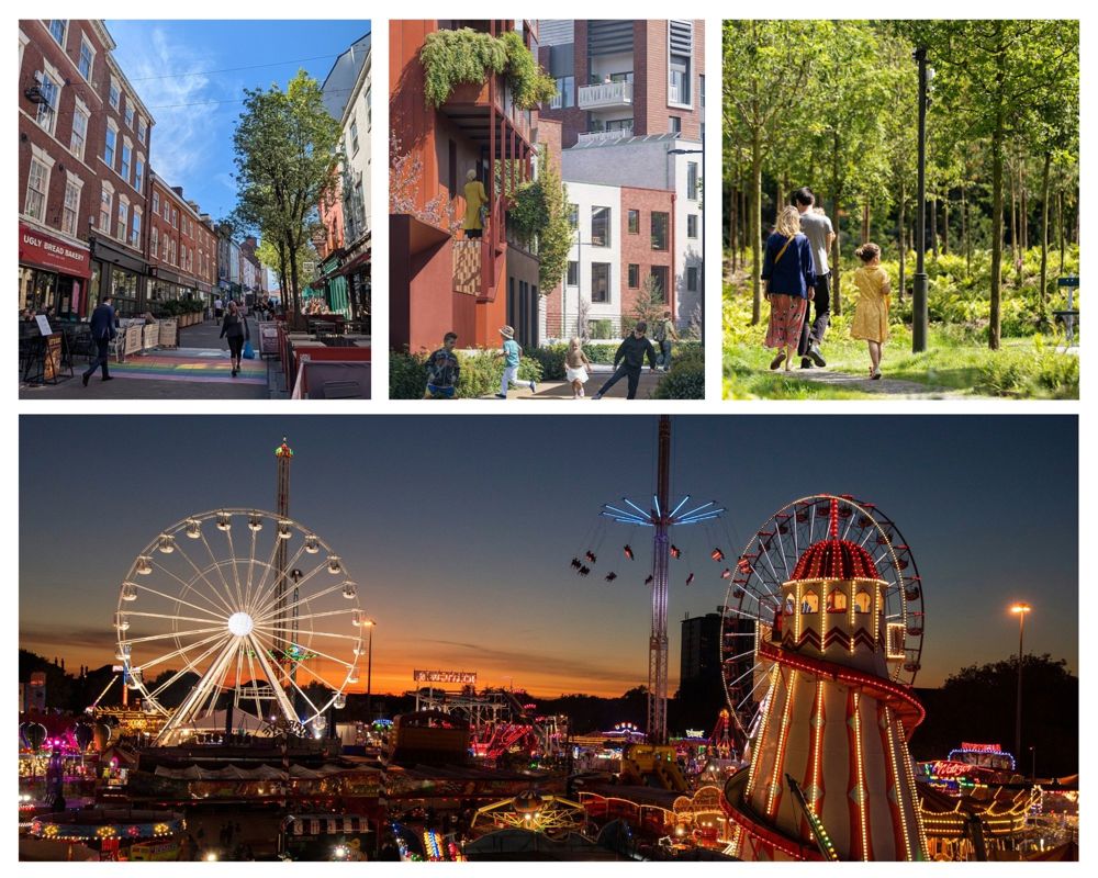 Collage of a city street, modern housing, a green park, and a fairground with a Ferris wheel at sunset.